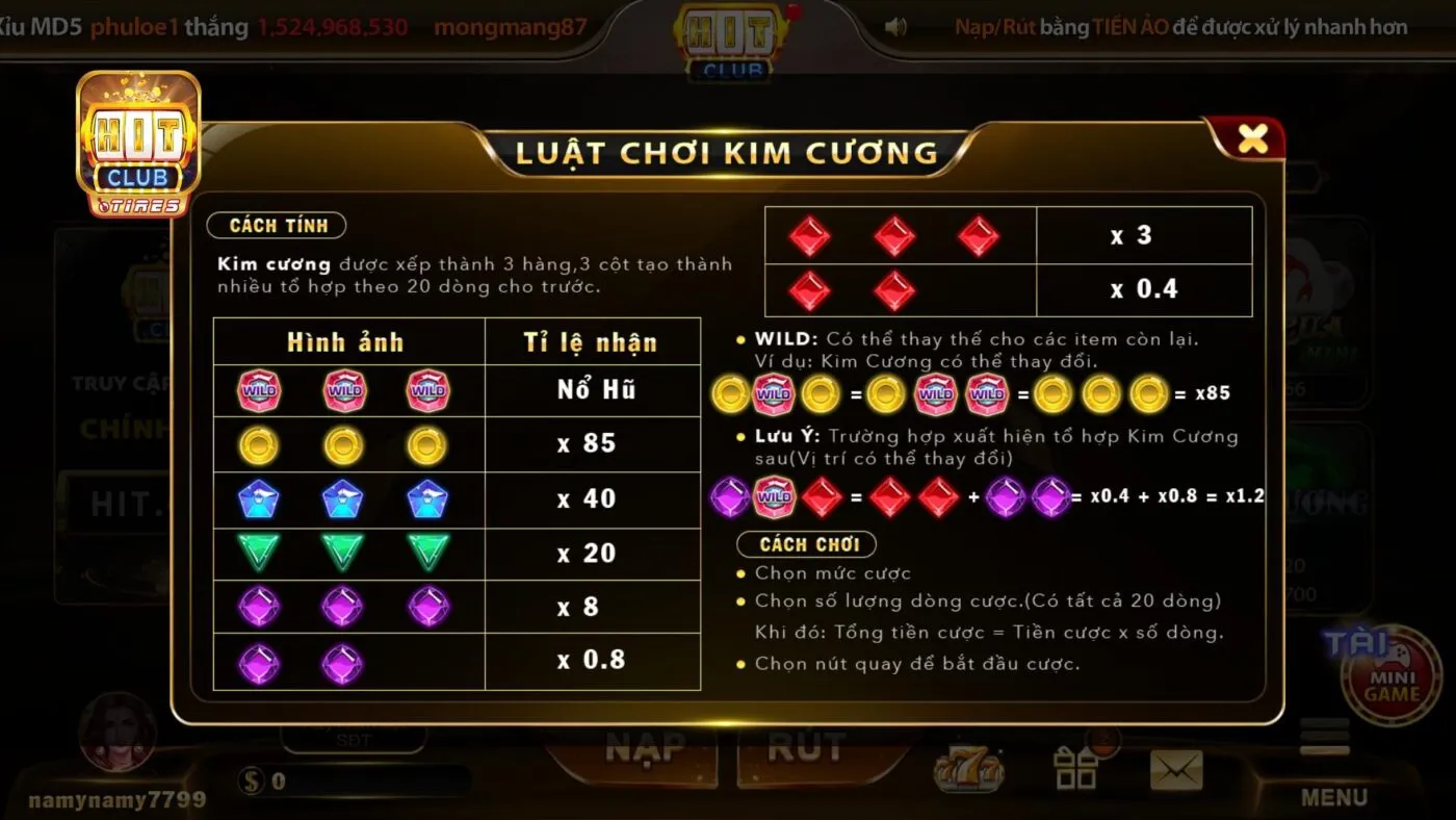 Chi tiết luật lệ quay hũ Kim Cương online tại Hit Club