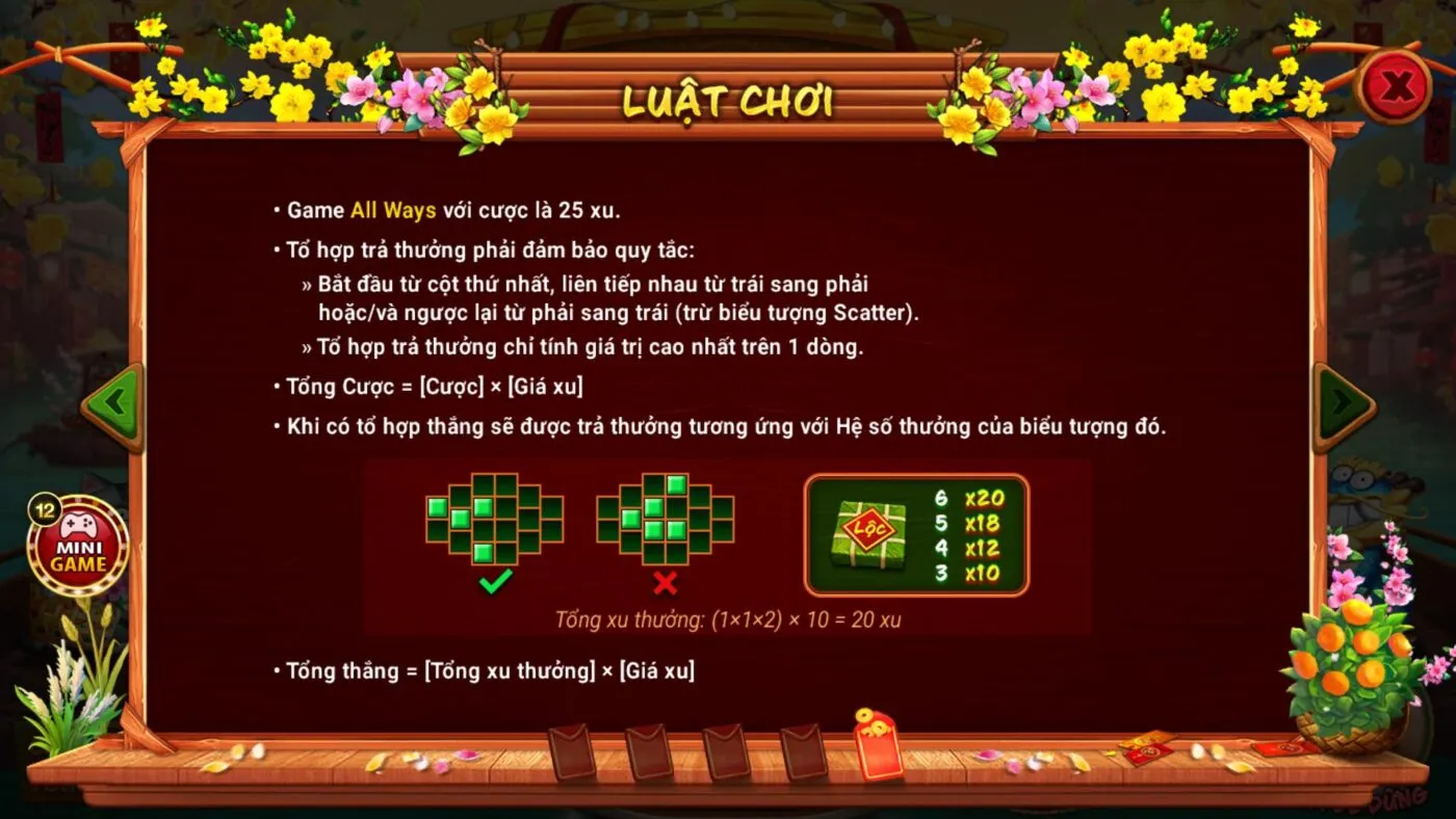 Luật lệ trong trò nổ hũ Sắc xuân chợ Tết tương tự như một vài tựa game slot khác